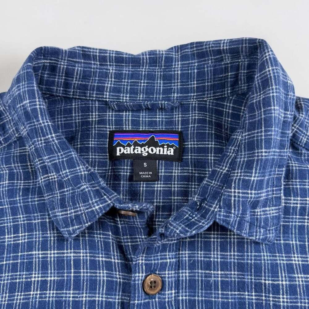 Patagonia Hemp Blend Plaid Shirt Mens Small Blue Short Sleeve Button Up